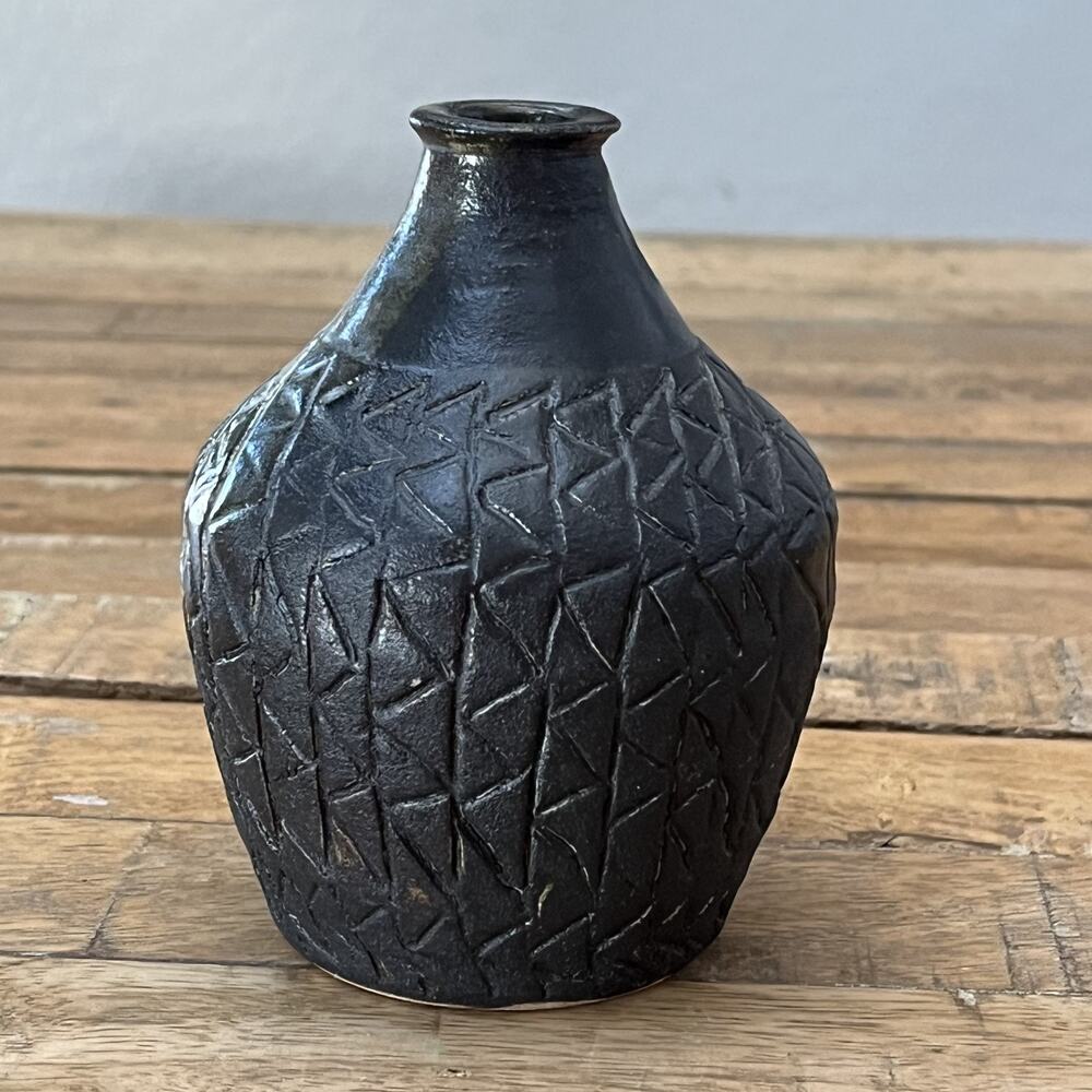 Handcrafted Ceramic Vase 4.75" Hand-carved Geometric Design Artist Signed